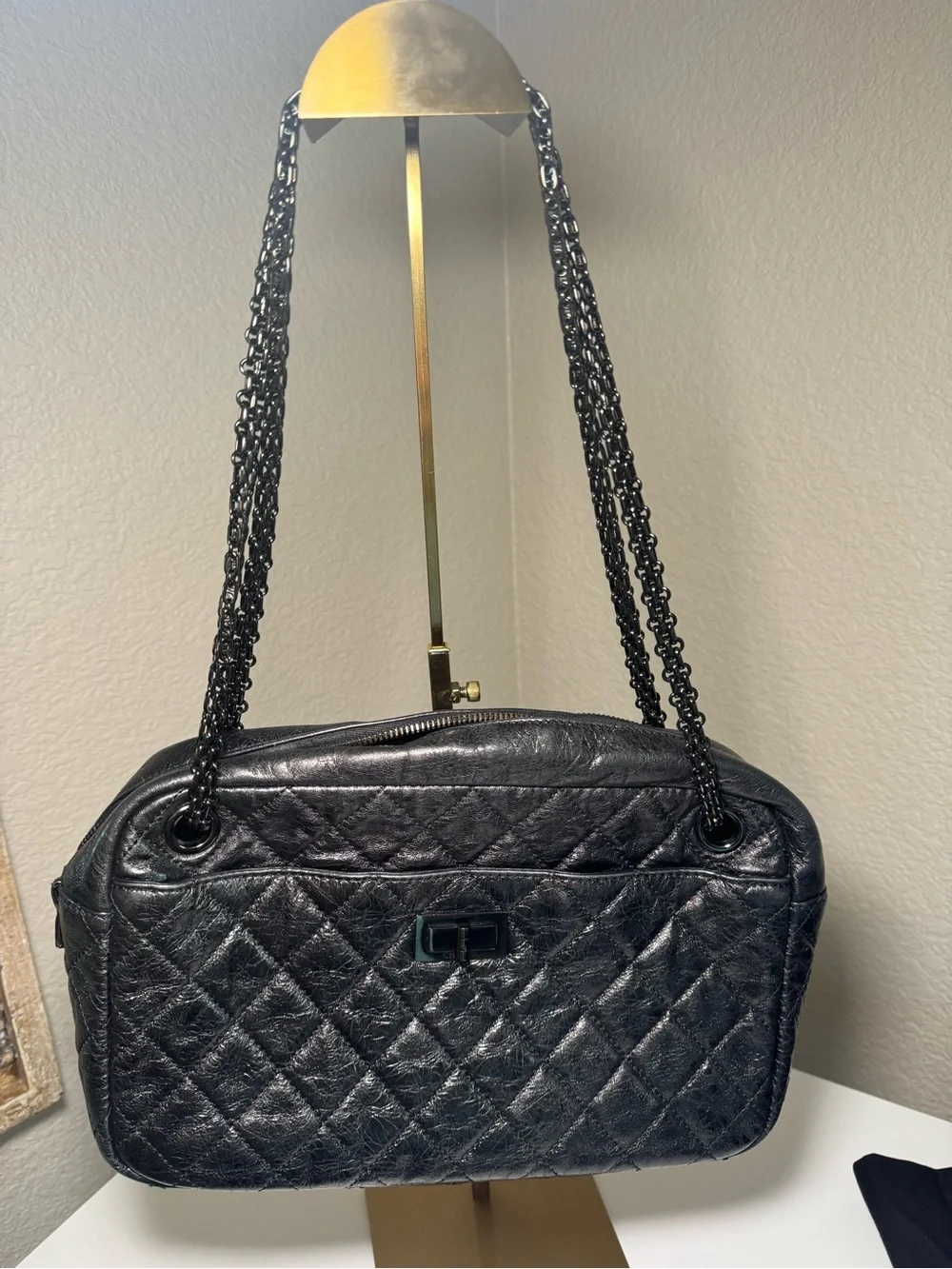 Authentic CHANEL 2.55 Reissue Medium Camera Bag Black Aged Calfskin Ruthenium